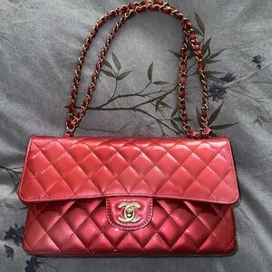 Chanel classic medium raspberry pink patent leather classic handbag